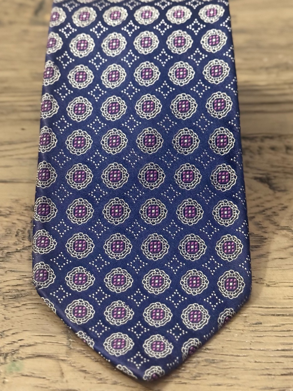 Brooks Brothers Blue Tie with Purple Medallion Pattern